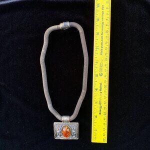 Vintage Gold Tone Faux Amber Medallion Snake Coil Choker Necklace